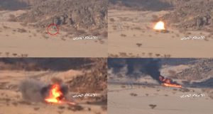 بالصور: صاروخ موجه يحرق طقم عسكري محمل بمسلحين موالين للسعودية في نجران